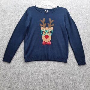 Love By Design Womens Reindeer Glasses Bowtie Navy Blue Christmas Sweater Sz XL